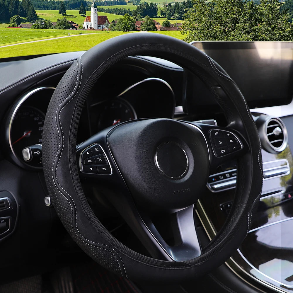 Women's PU Leather Corrugated Steering Wheel Cover 37-38cm Rimless Comfortable Car Accessory for All Seasons