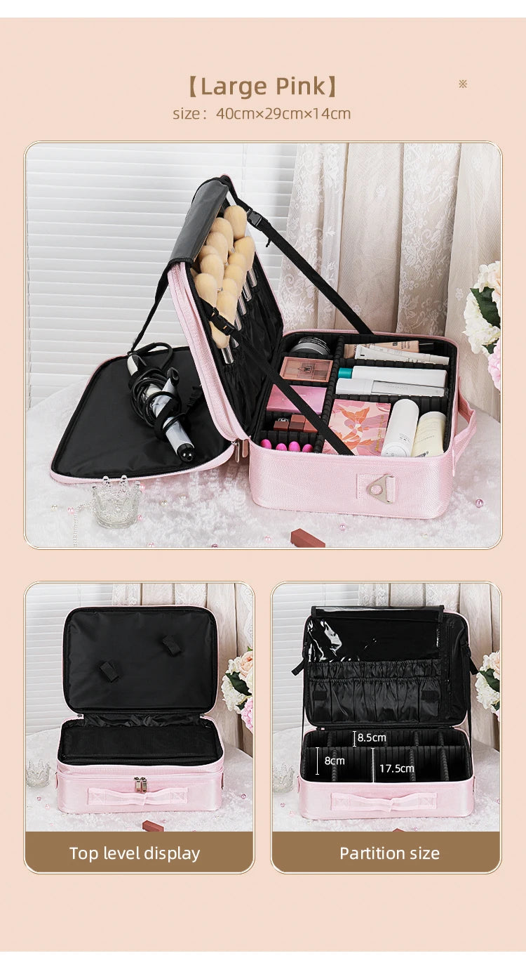 Travel Makeup Bag Makeup Train Cases Professional Lipstick Organizer with Shoulder Strap Adjustable Dividers for Cosmetics Makeu