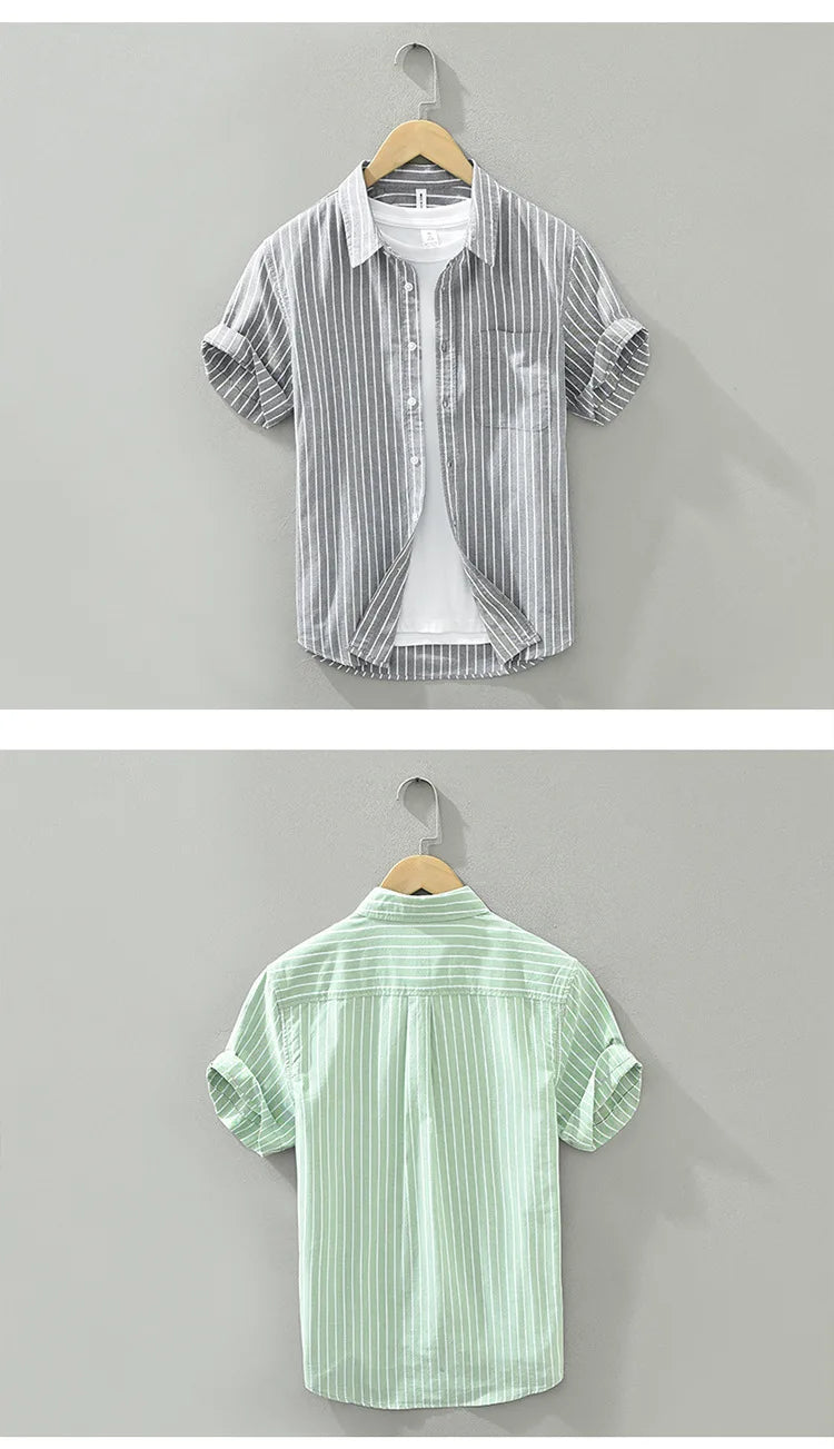 Green Striped Short Sleeve Shirts for Men Casual Turn-down Collar Tops Man Summer New Fashion Button Up Shirt Clothing