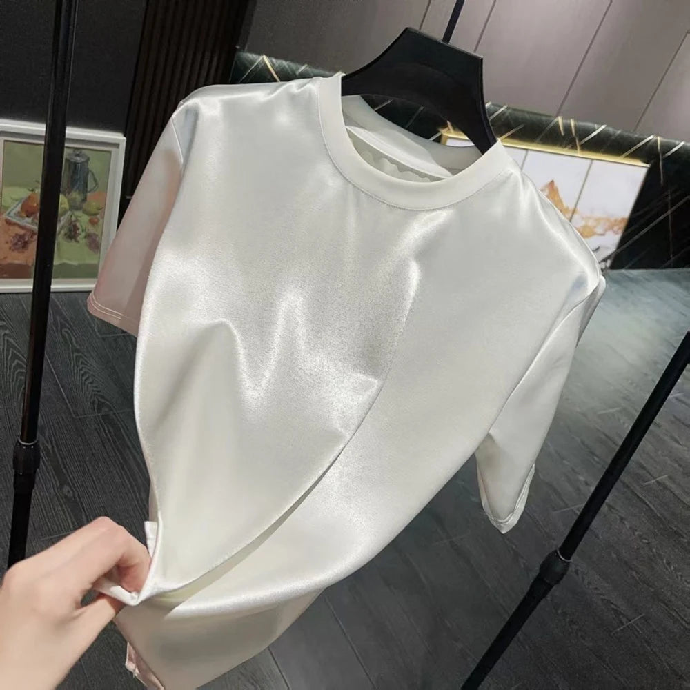Mens Acetate Fiber Satin Glossy T-Shirt Pants Two-Piece Sets Streetwear Fashion Breathable Youth Outdoor Versatile Sets 2026 New