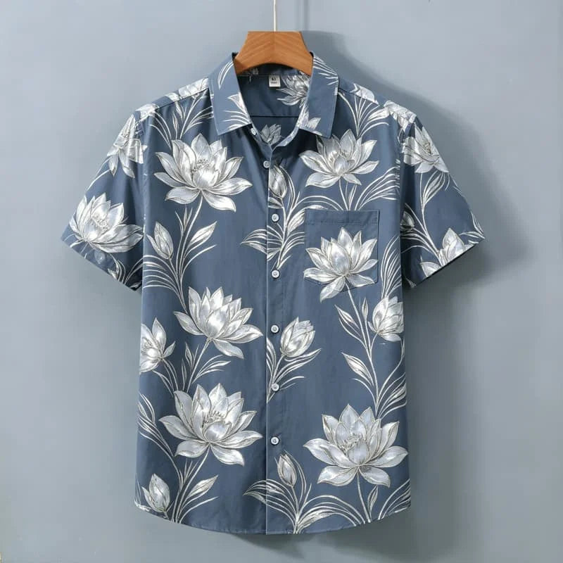 Men's Light Luxury Floral Print Short Sleeved Shirt With pockets,  Personalized Top For Holiday Beach Vacations