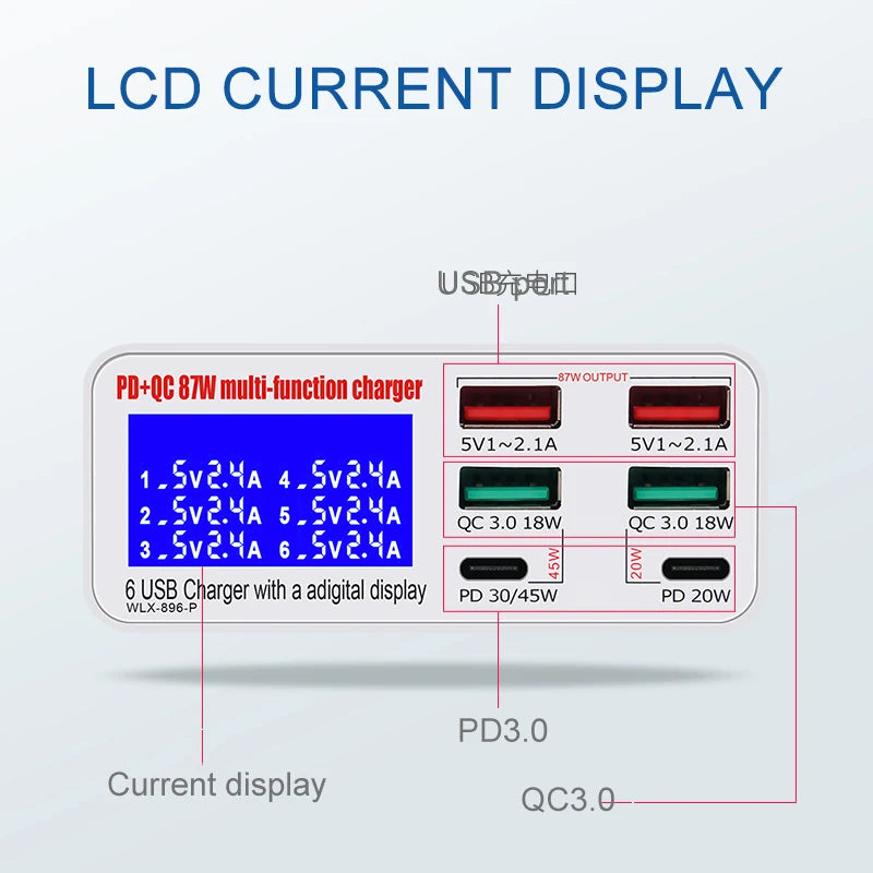 6-Port USB Charger Hub Fast Charging Station with LED Display Screen for Smart Phones Multiport Charging Station