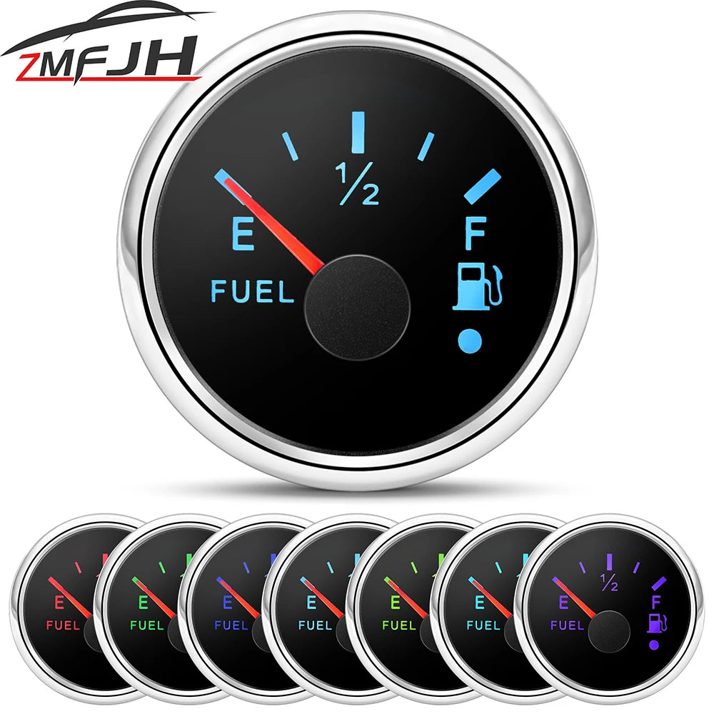 52mm Fuel Level Gauge 0-190ohm Fuel Meter With Alarm Function For Marine Boat Car Yacht 7 Color Backlight Oil Tank Indicator