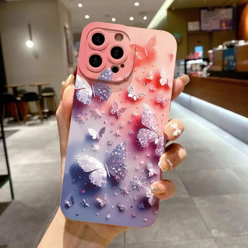Butterfly & Floral Design Shockproof Phone Case for iPhone 7 8 16 15 16E XR XS X Plus 16 15 14 12 13 11 Pro Max SE2 Matte Cover