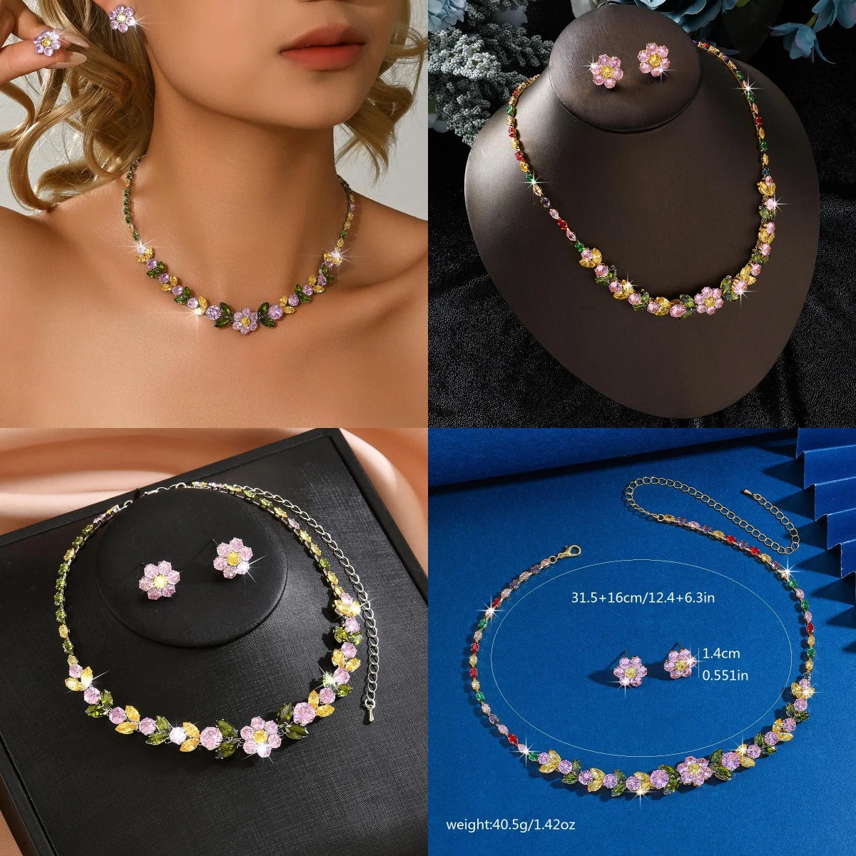 3 Pieces of Zircon Wheat Ear Earrings, French Elegant Necklace, Earring Jewelry Suitable for Dinner Parties, Weddings, and Parti