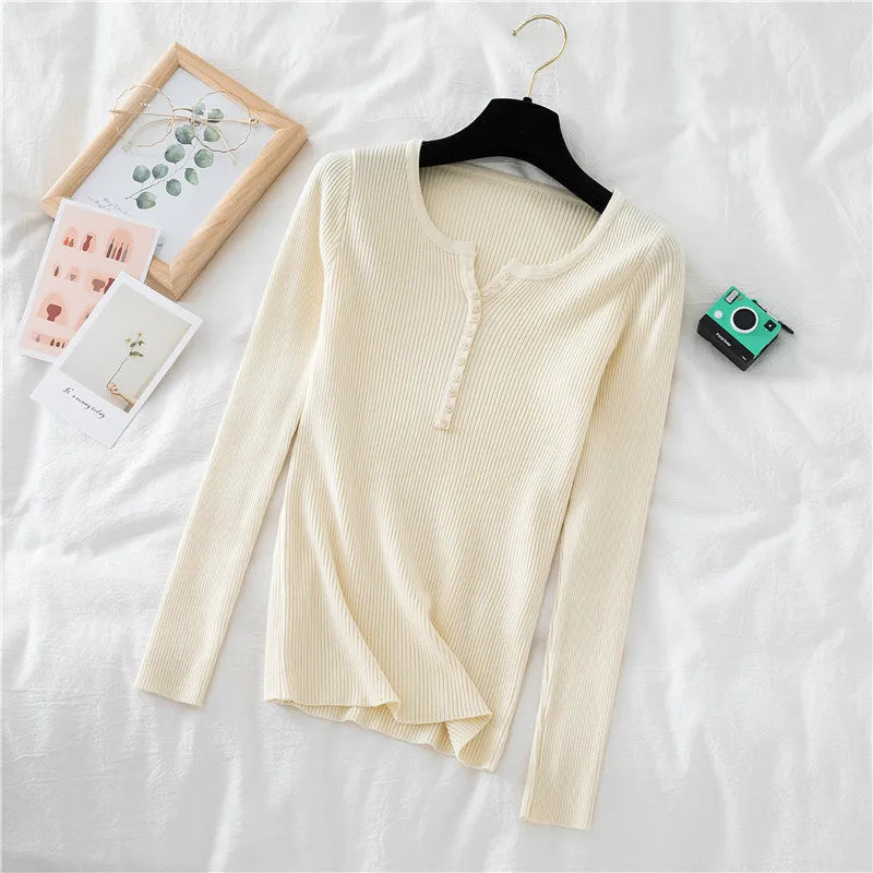 2026 Autumn Winter Button V Neck Sweater Women Basic Slim Pullover Women Sweaters And Pullovers Knit Jumper Soft Warm Tops
