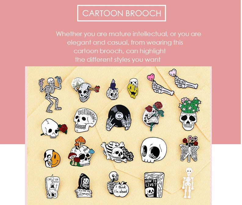 More Styles Halloween Day Punk Skeleton Enamel Pin Women Men Rose Flower Skull Brooches Metal Jean Coat Lapel Pin Badge Jewelry