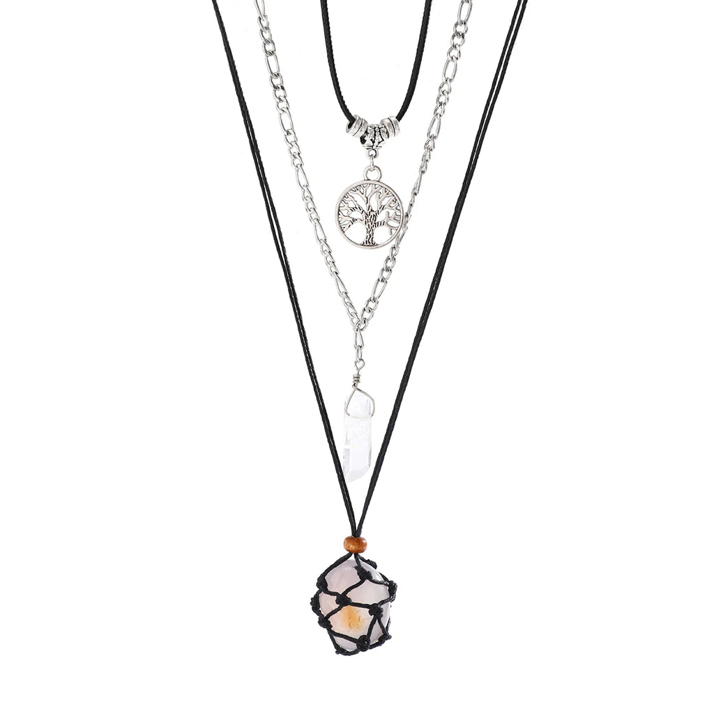 PuRui Vintage Natural Stone Beads Pendent Necklace for Women Crystal Charm Multilayer Rope Choker Neck Chain Jewelry Party Girls