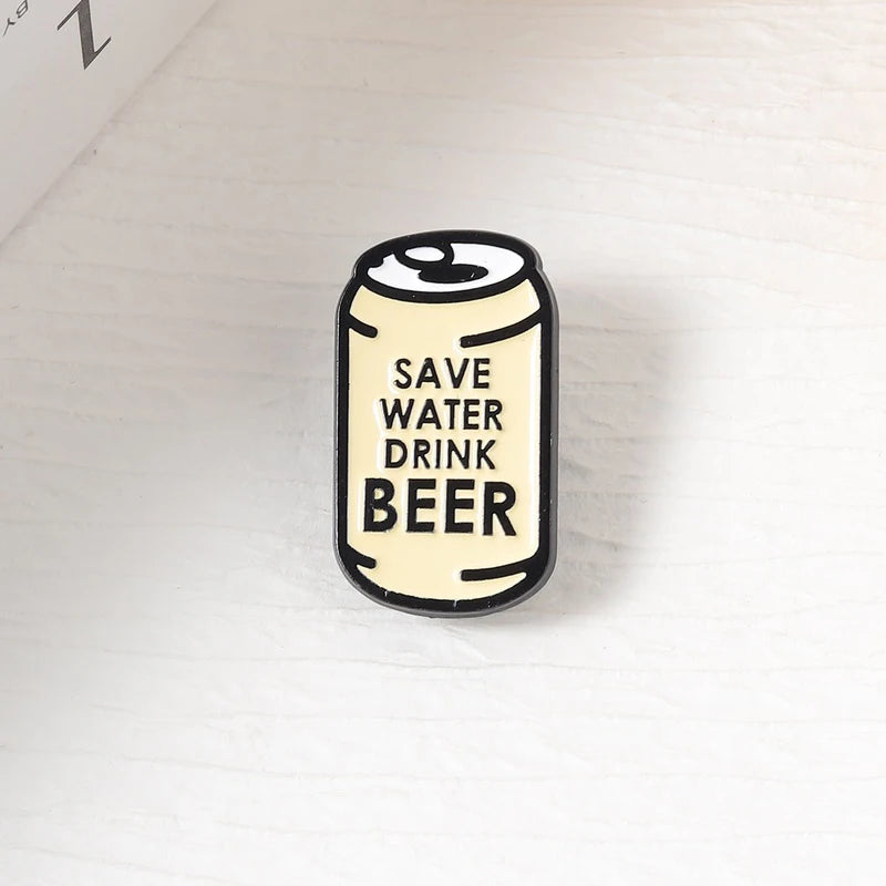 Humor Cartoon Can Enamel Pins Save Water Drink Beer Metal Brooches Fashion Lapel Badge Backpack Clothes Jewelry Gift for Friends