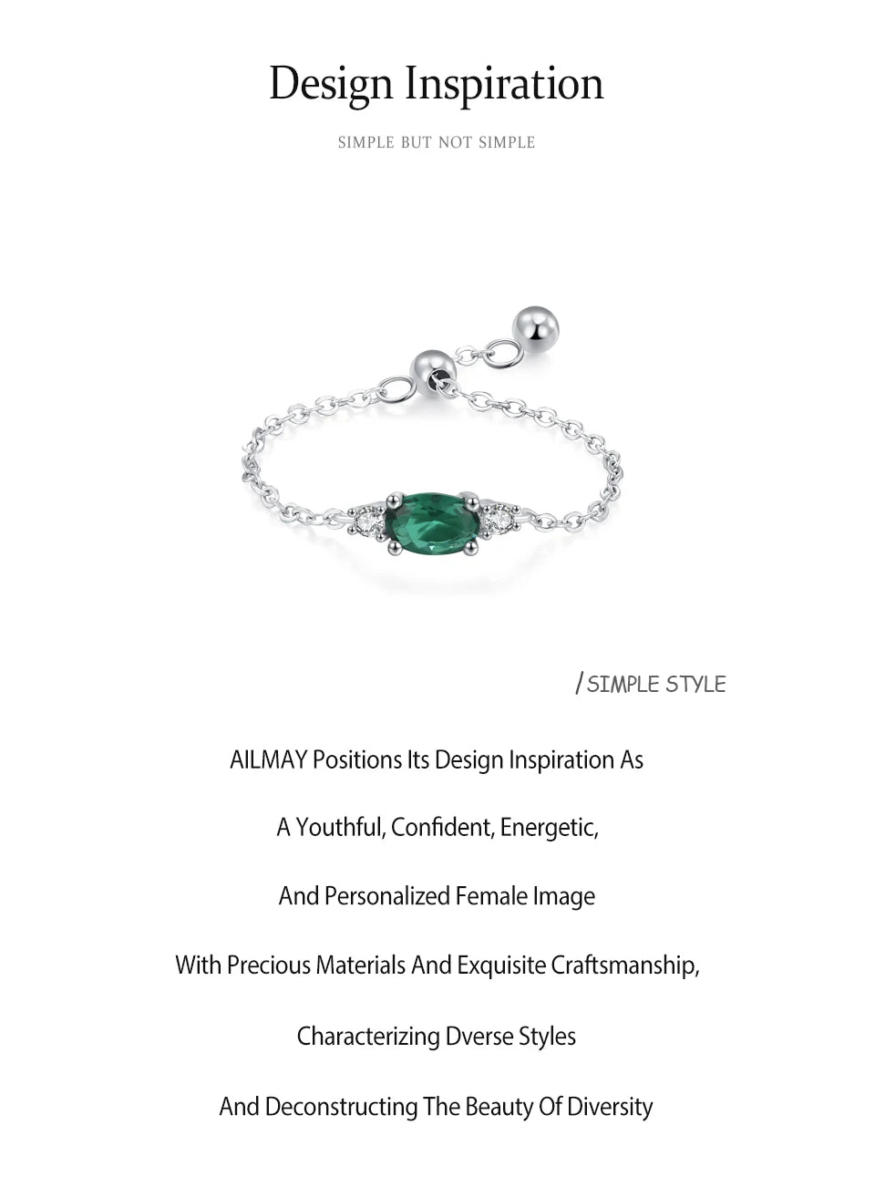 Ailmay Top Quality 925 Sterling Silver Trendy Green Oval  Adjustable Link Chain Rings For Women Fine Jewelry Gifts