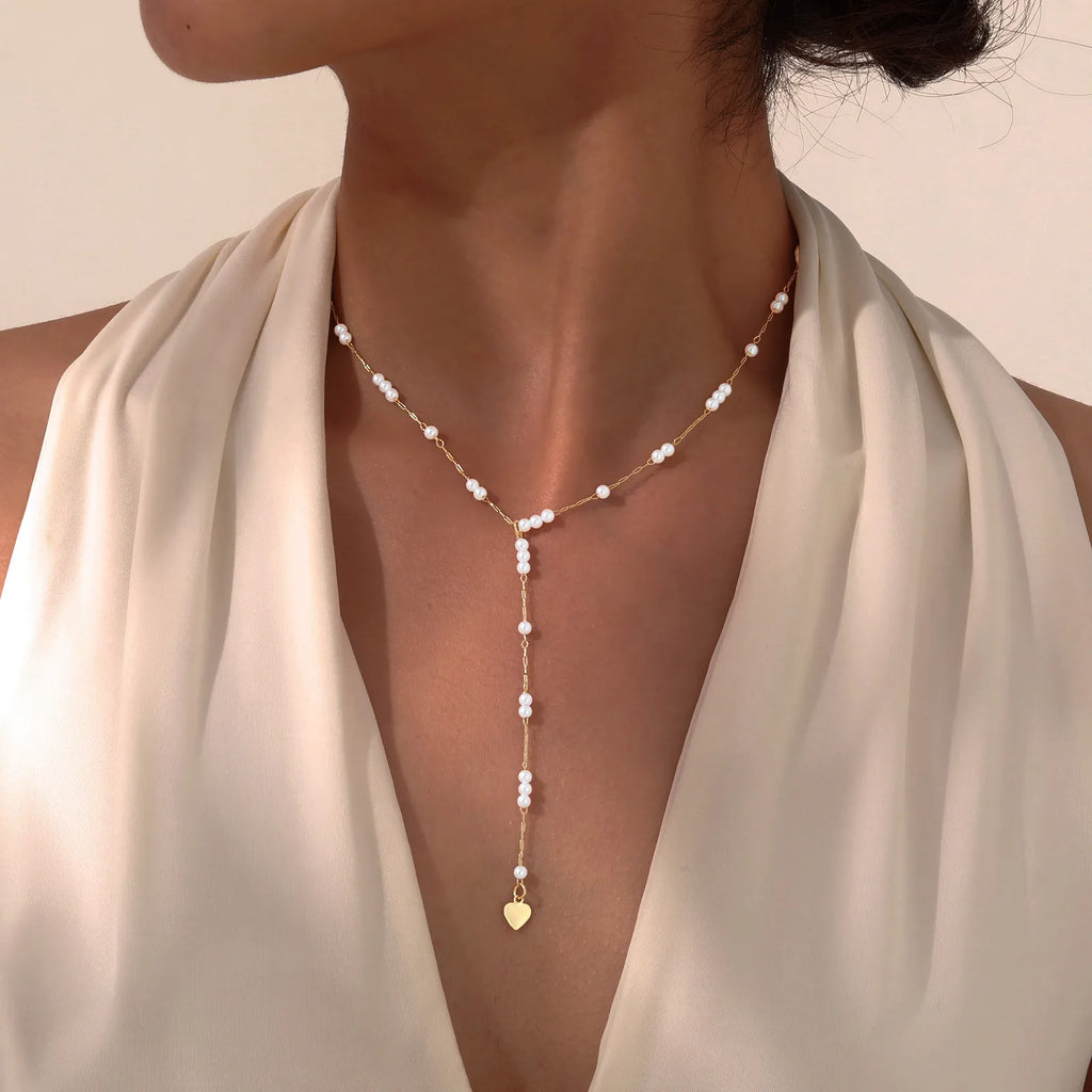 Women Pearl Long Necklace, Y Shape Pearl Drop Lariat Necklace, Waterproof Gold Plated Valentine's Day Gift