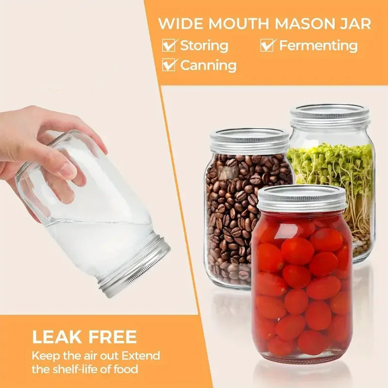 6Pcs, 12Pcs, 500Ml/16Oz, Glass Mason Jars, Glass Storage Jars, Kitchen Storage Containers, Glass Sealed Jars, Pickle Jars, Regular Sealing Lids, Suitable for Jam, Salad Dressing, Honey, Shower/Wedding Gifts