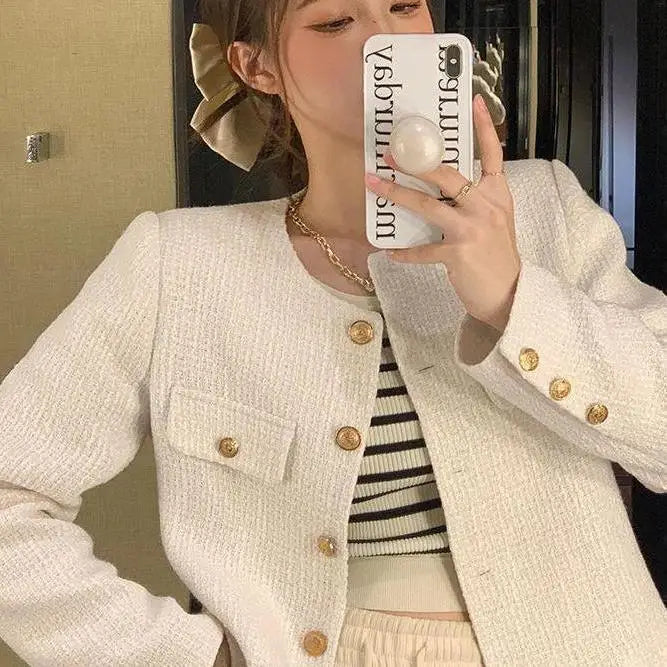 French Wool Tweed Coat Fashion High-end Gold Button Short Slim Temperament Spring and Autumn Korean Coats Women Jacket New