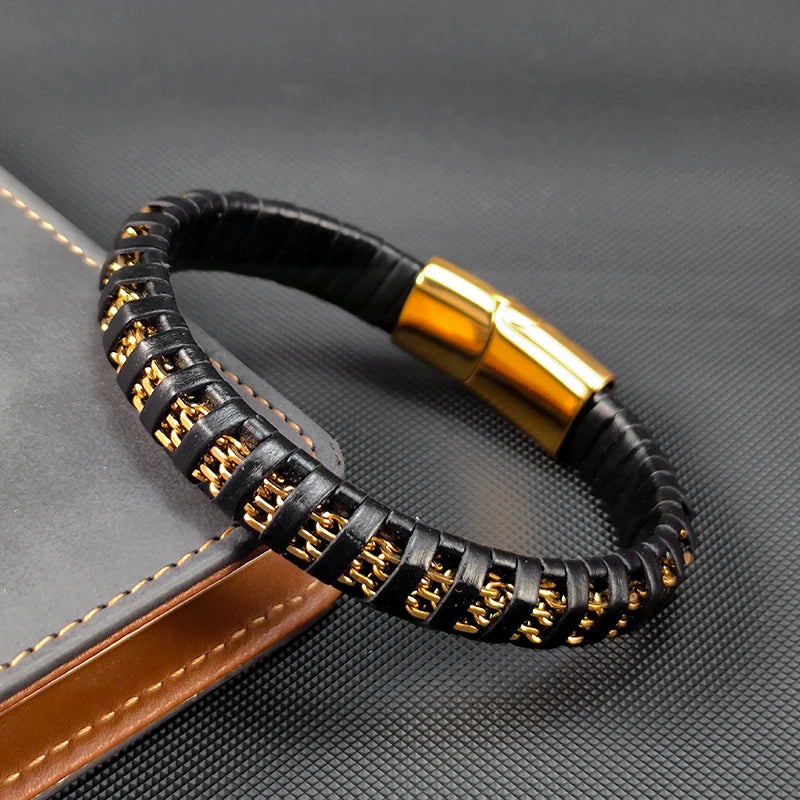 New Fashion 8mm Chain Curb Cuban Link Charm Leather Bracelets Men Stainless Steel Magnet Clasp Hand Bracelet Homme Men's Gifts