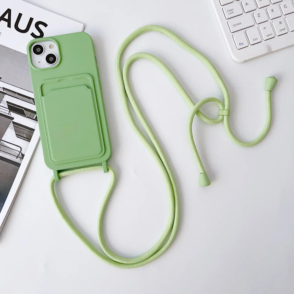 Crossboby Lanyard Rope Phone Case with Card Holder For iPhone 17 16 E 15 14 13 12 11 Pro Max Necklace Strap Soft Silicone Cover