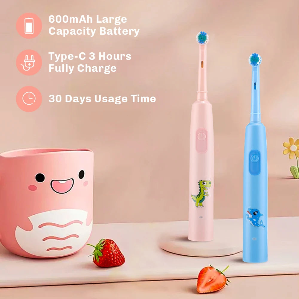 Smart Electric CleaningToothbrush For Children 4Pcs Brush Heads Round Rotating  3 Cleaning Modes Soft Bristles Teeth Brush