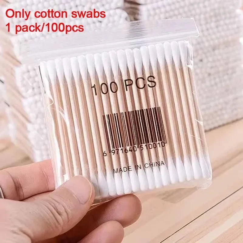 Square Bamboo Cover Double Head Cotton Swab Storage Box Cotton Buds Container Transparent Cotton Swab Toothpick Organize Box