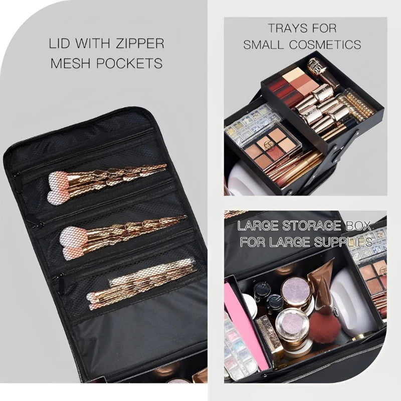 Mala de Maquilhagem de Grande Capacidade com Tabuleiros Dobráveis Multicamadas Ajustáveis, Caixa para Manicura, Organizador de Cosméticos Portátil para Unhas