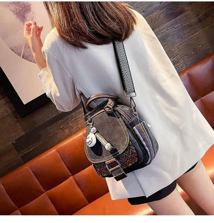 Denim Small Backpack  New Contrast Color Women Bag Retro Ethnic Style Embroidered Multifunctional Bagpack Crossbody Bolsa