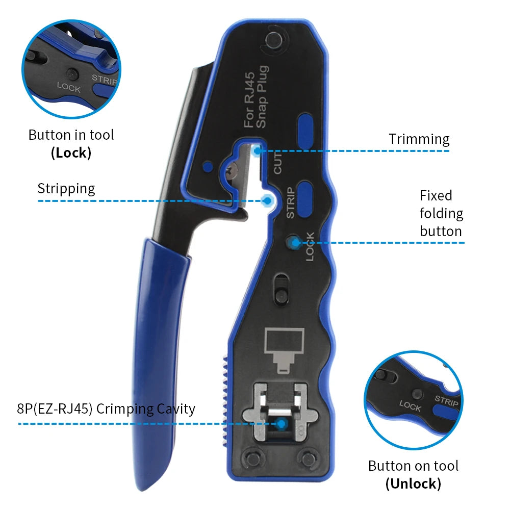 RJ45 Crimp Tool Pass Through Crimper Stripper Cutter for Cat6a Cat6 Cat5 8P8C Modular Connector Ethernet All-in-one Wire Tool