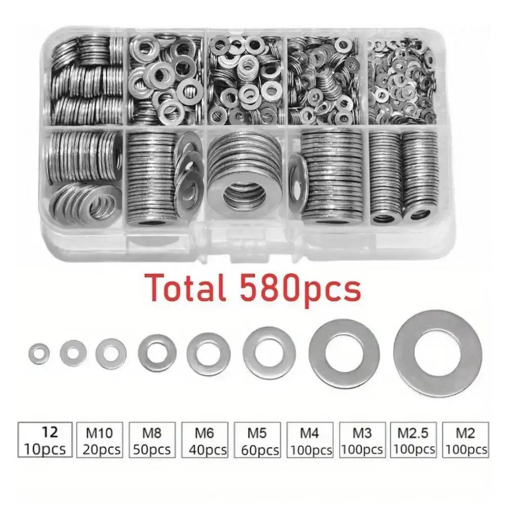 80-580PCS Stainless Steel Flat Washer Assortment Kit (M2, M2.5, M3, M4, M5, M6, M8, M10) for Home Decorations& Factory Repairs
