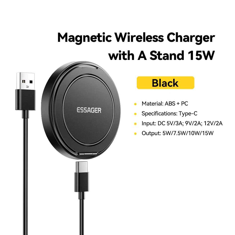 Essager Magnetic Wireless Charger With Holder 15W Fast Charging For iPhone16 15 14 13Pro Max Airpods Mini Wireless Phone Charger