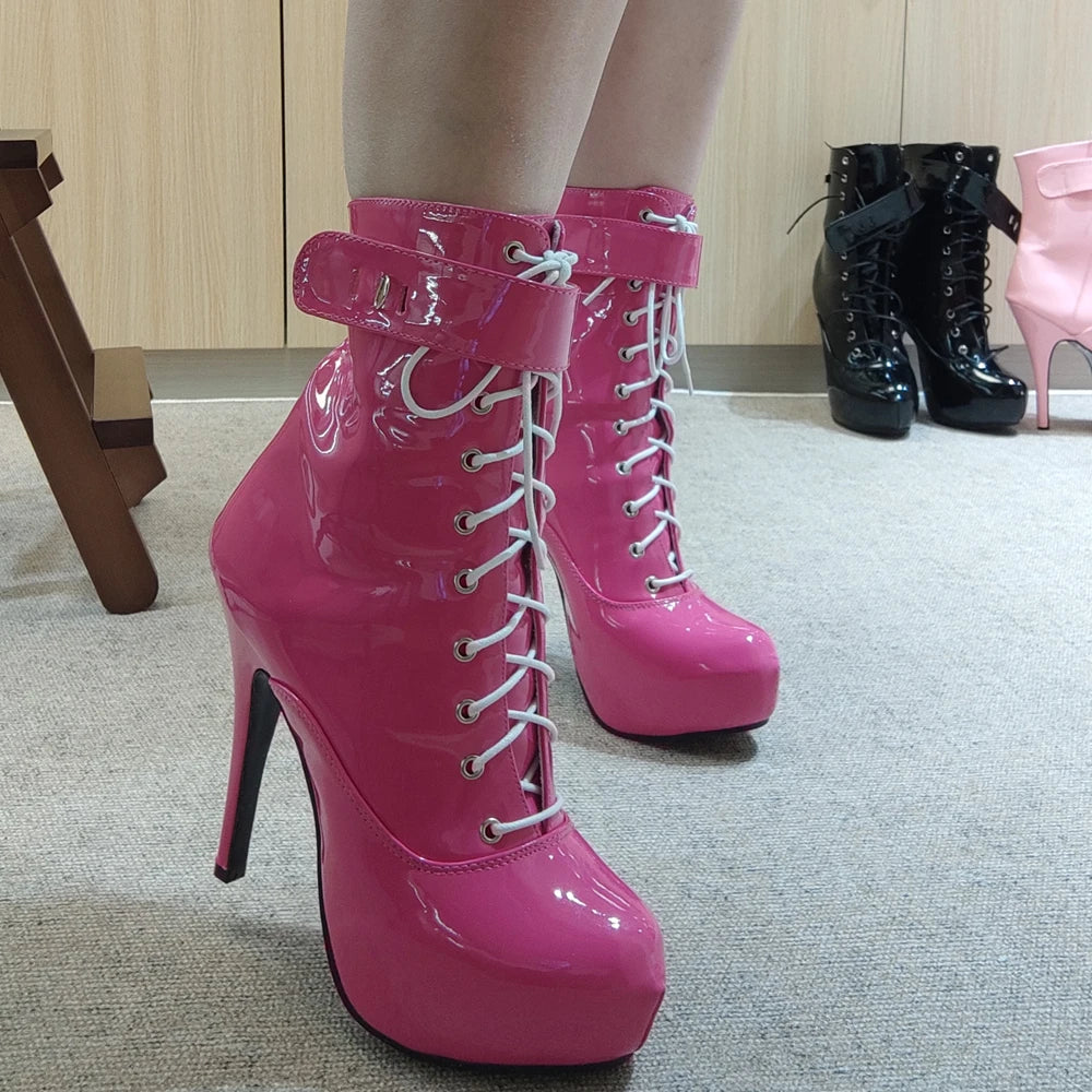 Sexy Single Boots Lace-Up 15cm High Thin Heel 4CM Platform Ankle Short Boots Unisex Plus Size Padlocks Boots