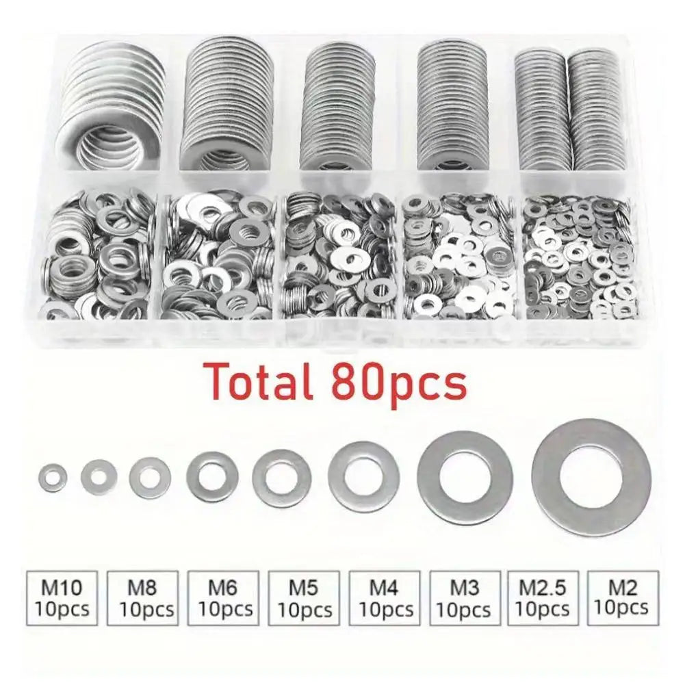 80-580PCS Stainless Steel Flat Washer Assortment Kit (M2, M2.5, M3, M4, M5, M6, M8, M10) for Home Decorations& Factory Repairs