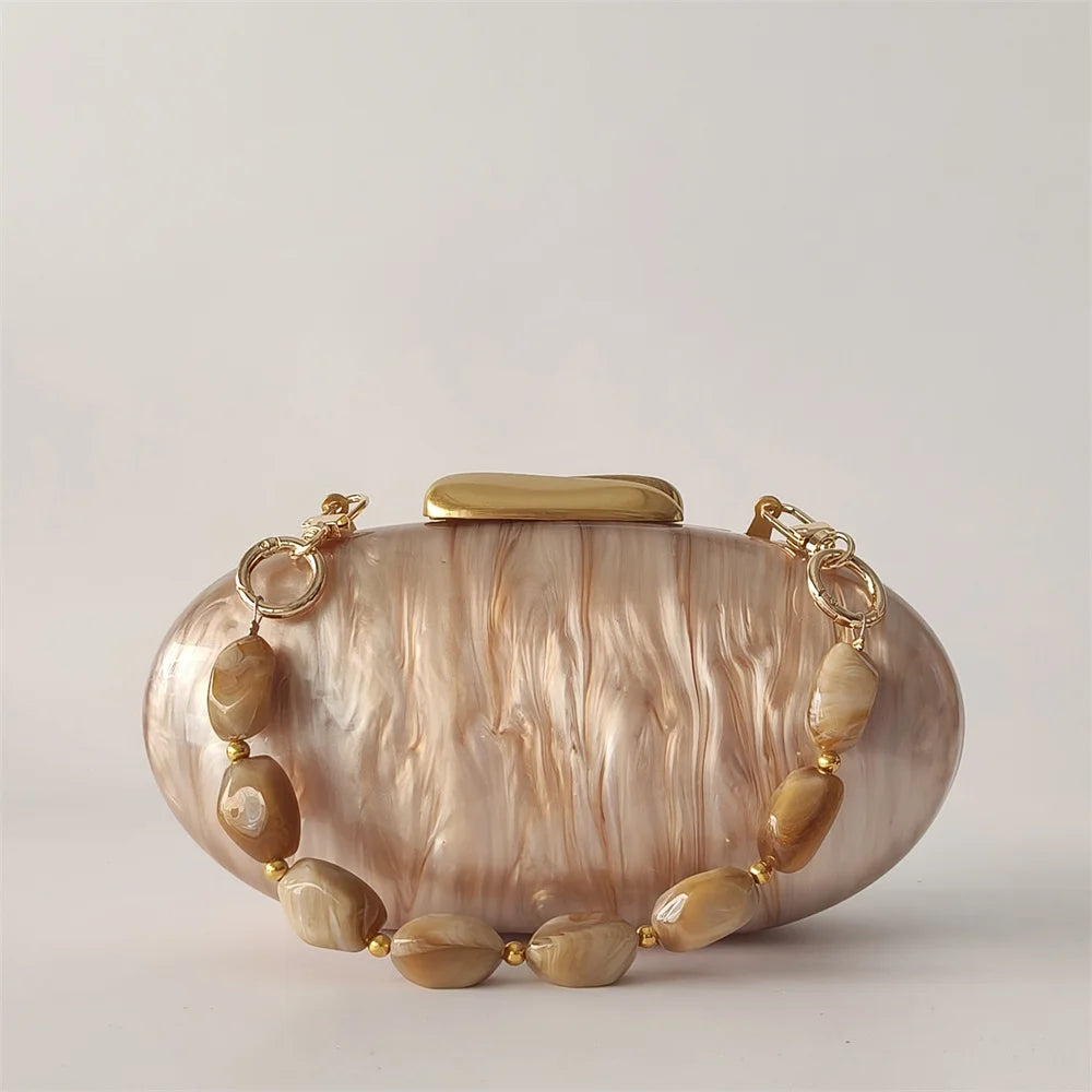 Lady Pearl Marble Brown Shell Egg Acrylic Box Clutch Purse Women Evening Purses Wedding Handbags Female Shoulder Bags Day Clutch