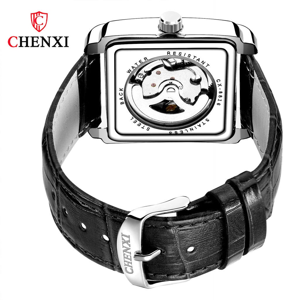 Square Skeleton Mechanical Watches for Man Luxury Business Casual Man Automatic Watch Leather Strap Gift Hand Clock for Men