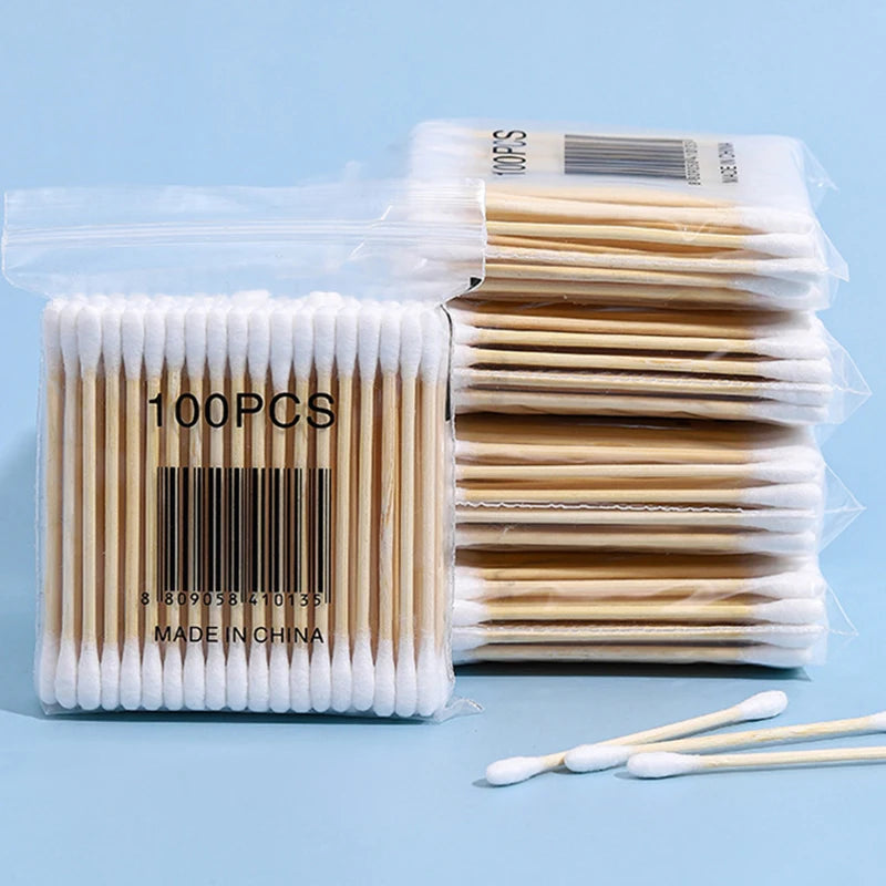 Cotton Swab Storage Box Double Head Wood Baby Cotton Swabs Transparent Square Bamboo Cover Cotton Buds Toothpick Organizer