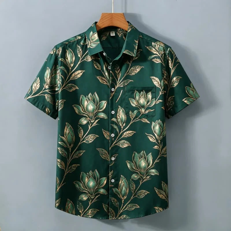 Men's Light Luxury Floral Print Short Sleeved Shirt With pockets,  Personalized Top For Holiday Beach Vacations