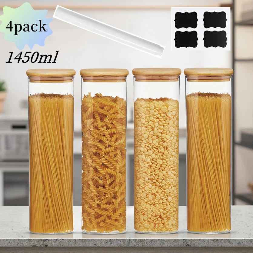 2/4 Pack-1450Ml Square Glass Jars, Glass Storage Containers with Lids, Wide-Mouth Pasta Jars, Kitchen Storage Jars, Storage for Pasta, Grains, Oats, Sugar, Cookies, Beans, Airtight Glass Jar Set, Kitchen Organization and Stor