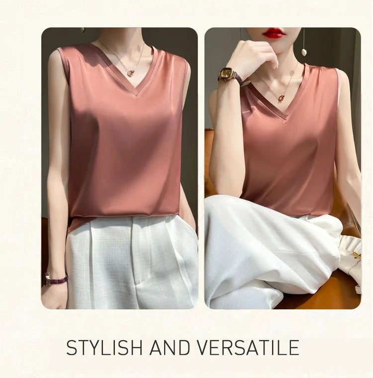 V-Neck Silk Vest Women's Summer Short Sleeved Top Acetate Satin Sleeveless Summer Shirt T-Shirt Loose Suspender Base YTM A39