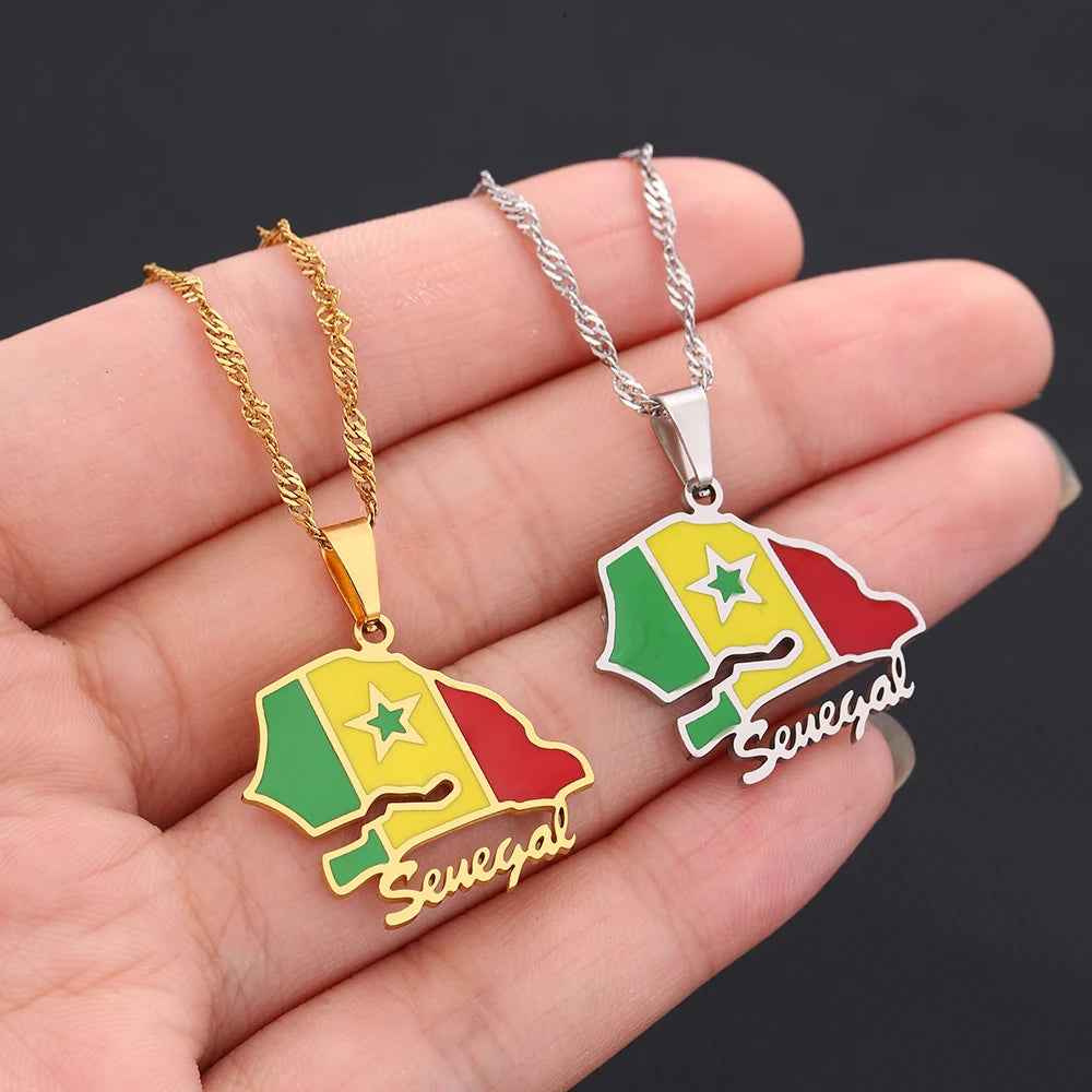 African Sénégal Map Flag Pendant Necklace Stainless Steel Men Women Senegal Maps Jewelry Gift