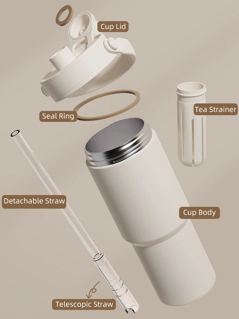 Ceramic Tumbler with Handle Thermal Mug Large 24OZ Straw Portable Cold Coffee Thermos Lined Insulated Vacuum Flask Travel Bottle