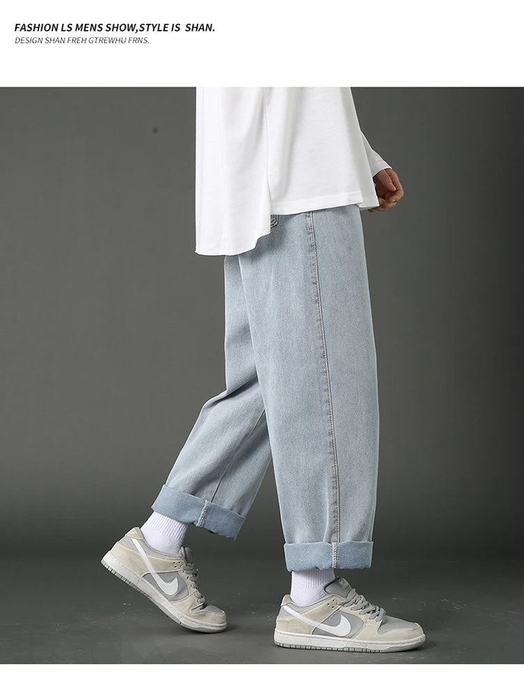 New Street Casual Baggy Jeans Men's Korean Fashion Hip Hop Straight Wide Leg  Trousers Couple Denim Pants Black Light Blue