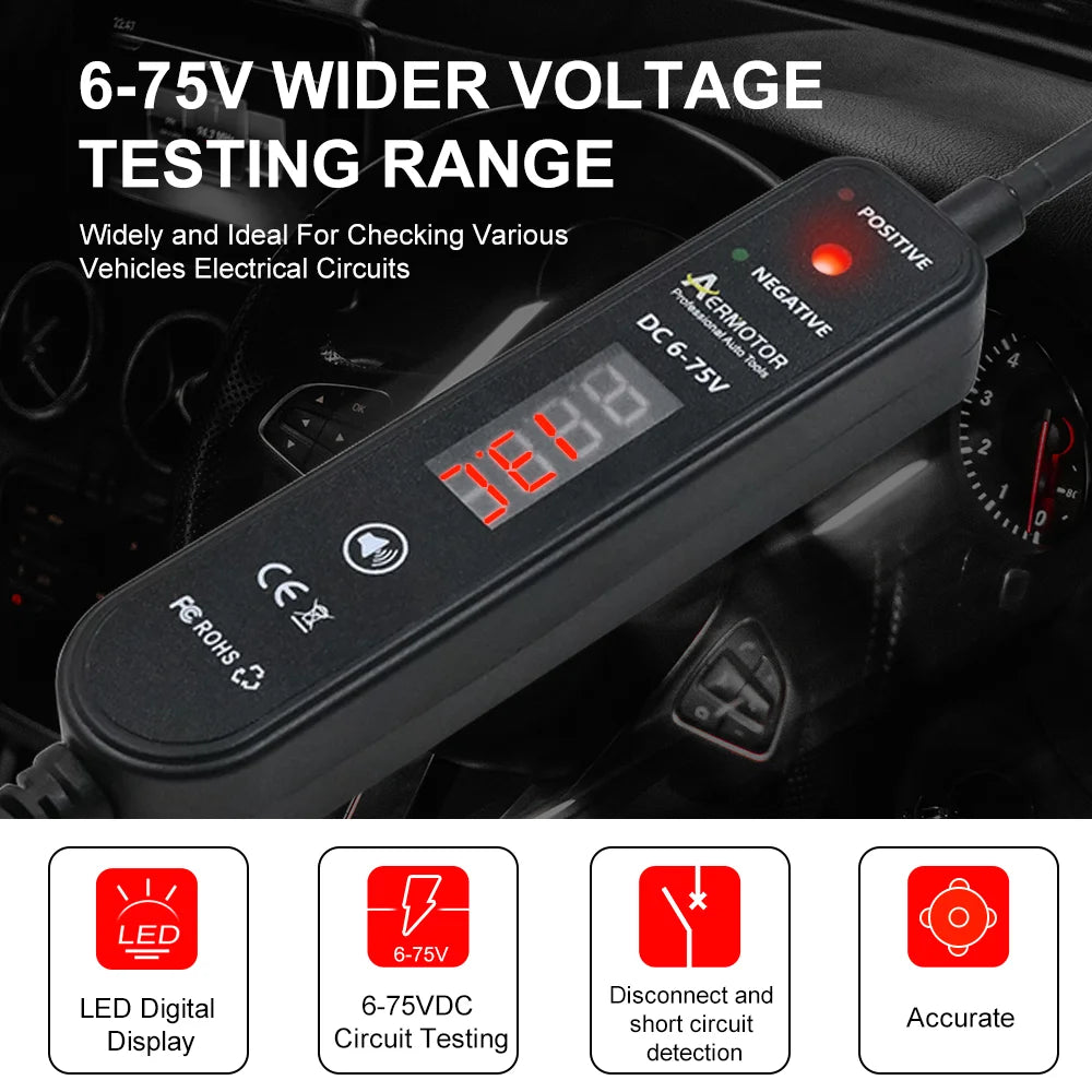 Aermotor Car Test Light with DC 6-75V LED Digital Voltage Display Electric Test Pen EM289 Car Short Circuit Diagnostic Tool