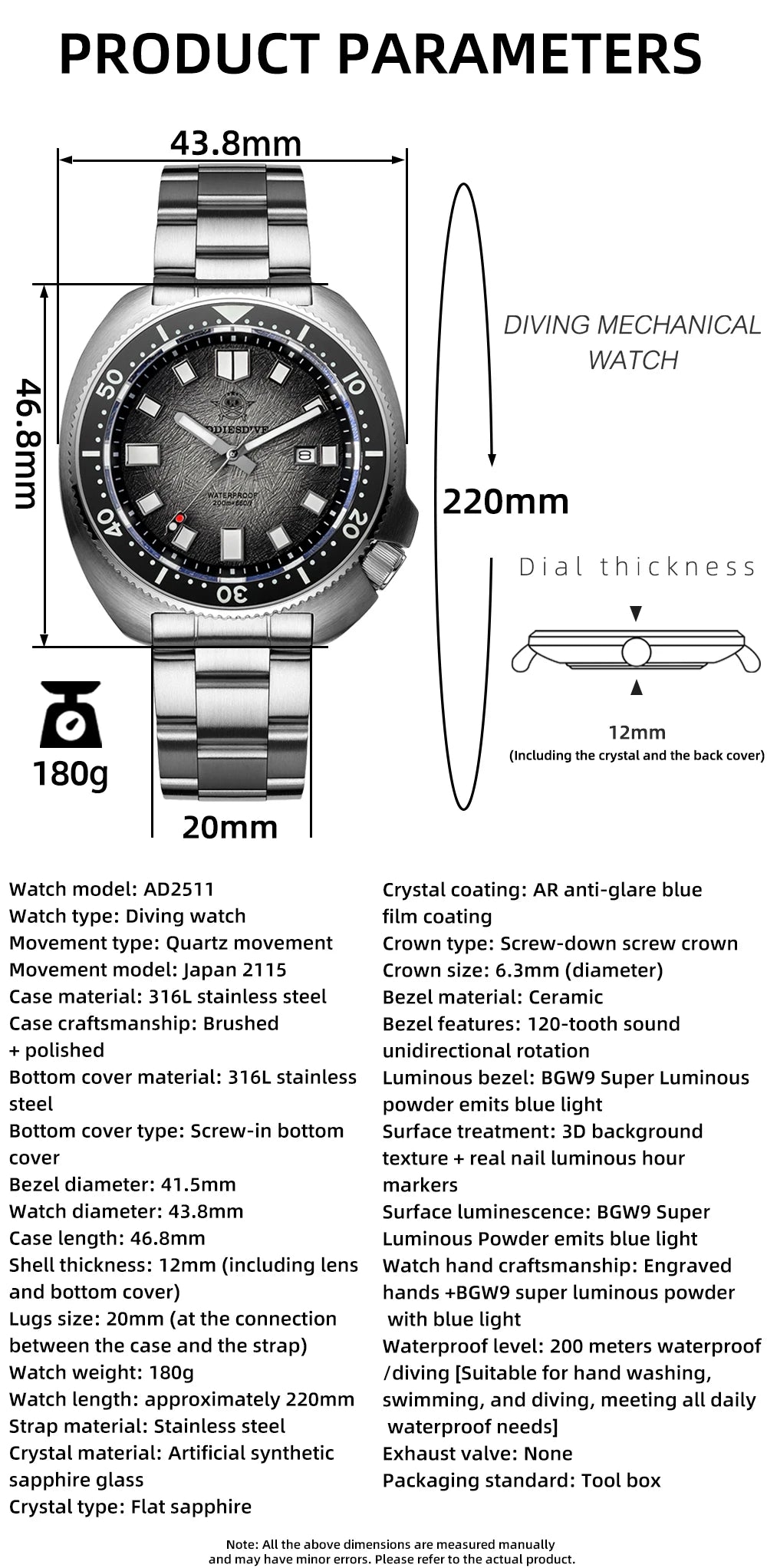 ADDIESDIVE New AD2511 Men's Quartz Watches 41mm Turtle Design Sapphire Glass AR Coated BGW9 Luminous Waterproof 200M Diver Watch