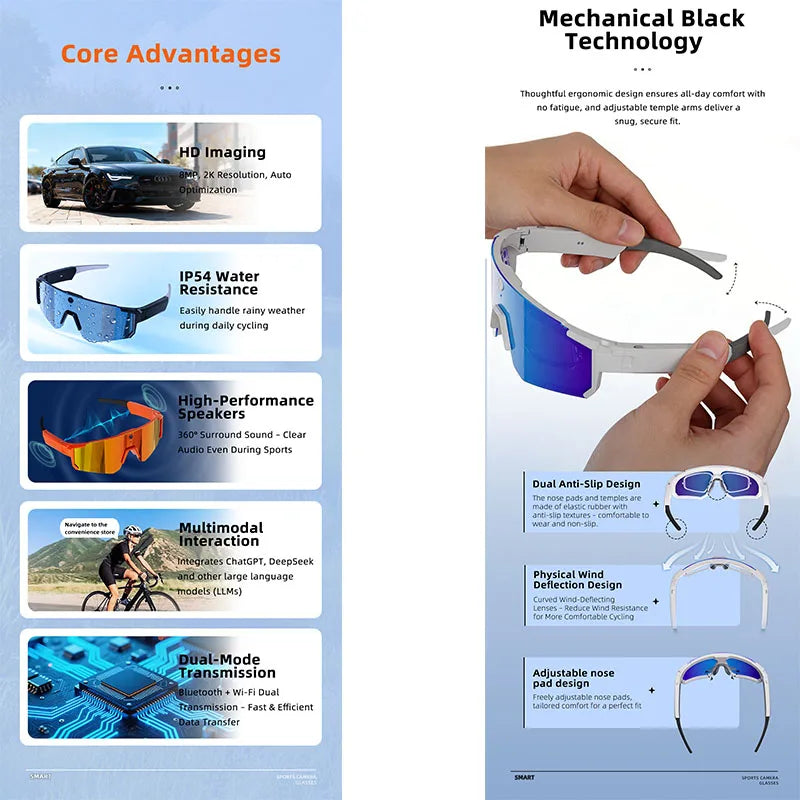 2026 AI Sports Smart Glasses ChatGPT 1200P Camera 4K Anti-shake Video Cycling Riding Sunglasses Translation Dual Mic Sunglasses