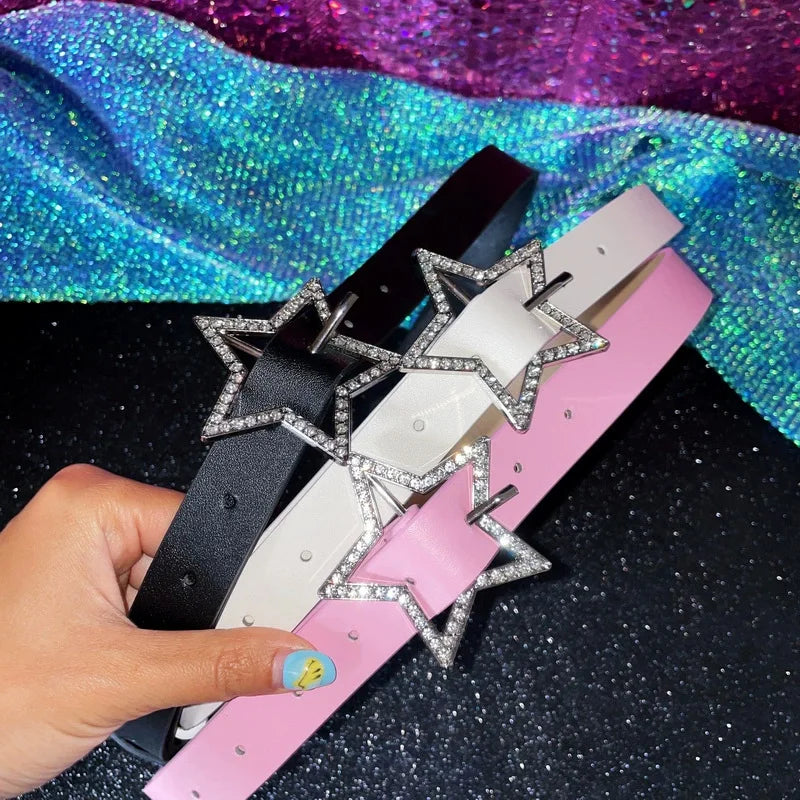 Y2K Belts for Women Spice Girls Pink Black White Belt Denim Star PU Leather Rhinestones Belt Ins Sweet Cool Corset Jeans Belts