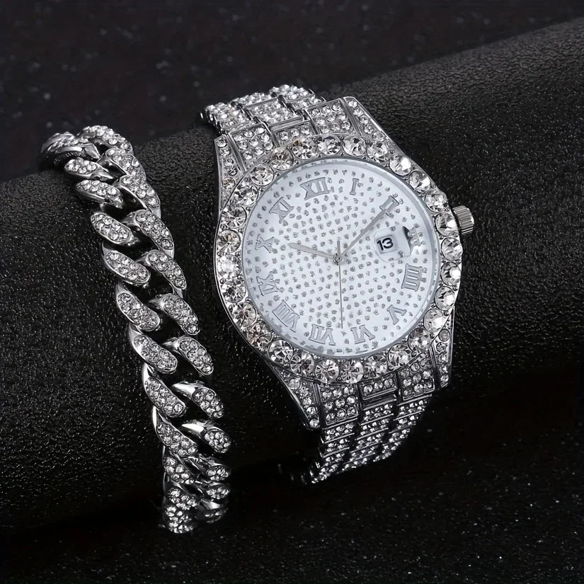 2 pieces/set of luxury men's hip-hop watches, adorned with sparkling artificial diamonds and Cuban chain bracelets