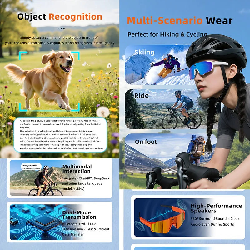 2026 AI Sports Smart Glasses ChatGPT 1200P Camera 4K Anti-shake Video Cycling Riding Sunglasses Translation Dual Mic Sunglasses