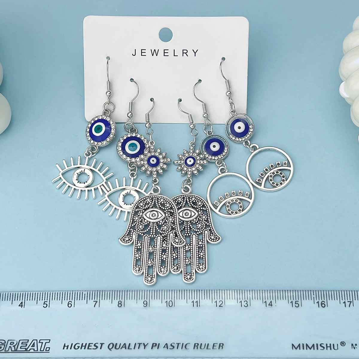 3 Pair Bohemian Vintage Silvery Color Hand Of Hamsa Devil's Eye Design Dangle Earrings Retro Ethnic Style Jewelry Accessories