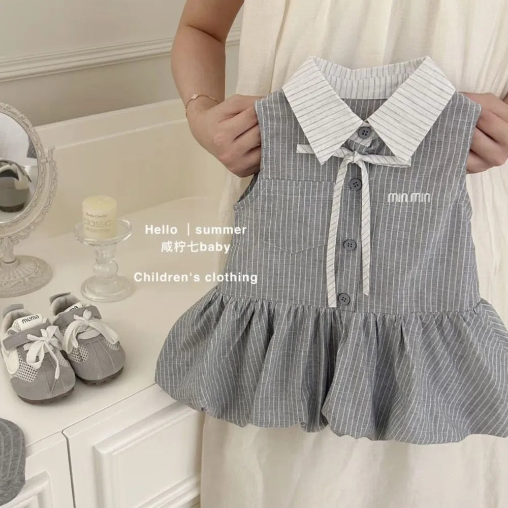 25 Baby Girls Summer Dress Long Shirts Striped Kids Birthday Elegant Dresses Children Vestidos Clothes 0-7Y