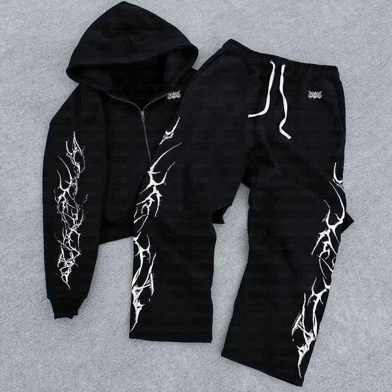 2025 new European and American retro punk complex design printed zipper cardigan hoodie trousers sweatpants suit street wear