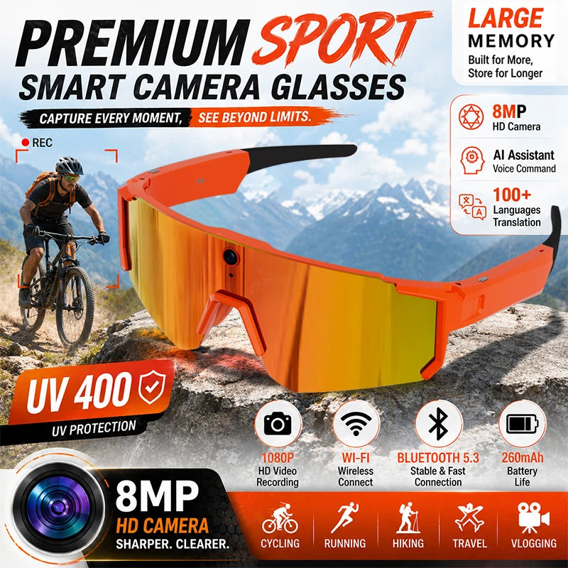2026 AI Sports Smart Glasses ChatGPT 1200P Camera 4K Anti-shake Video Cycling Riding Sunglasses Translation Dual Mic Sunglasses