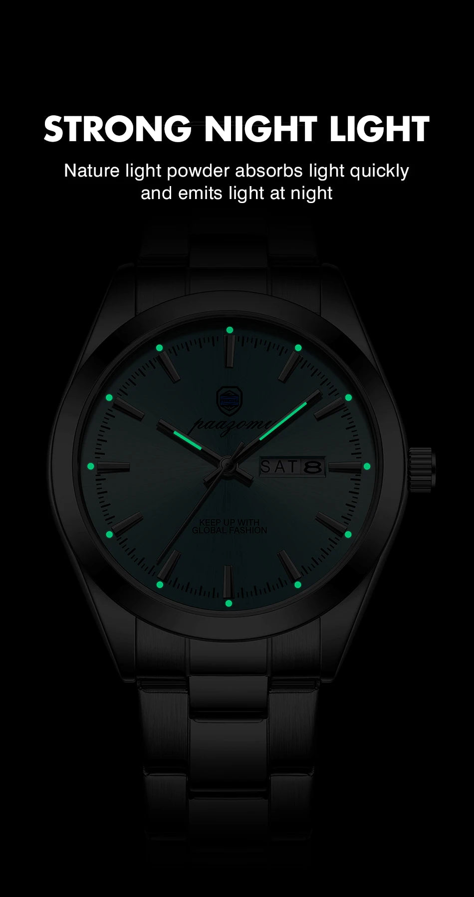 PAAZOMU Fashion Men's Quartz Watch Luminous Hands Date Week Stainless Steel Strap Waterproof Casual Wristwatch Quartz Men Watch