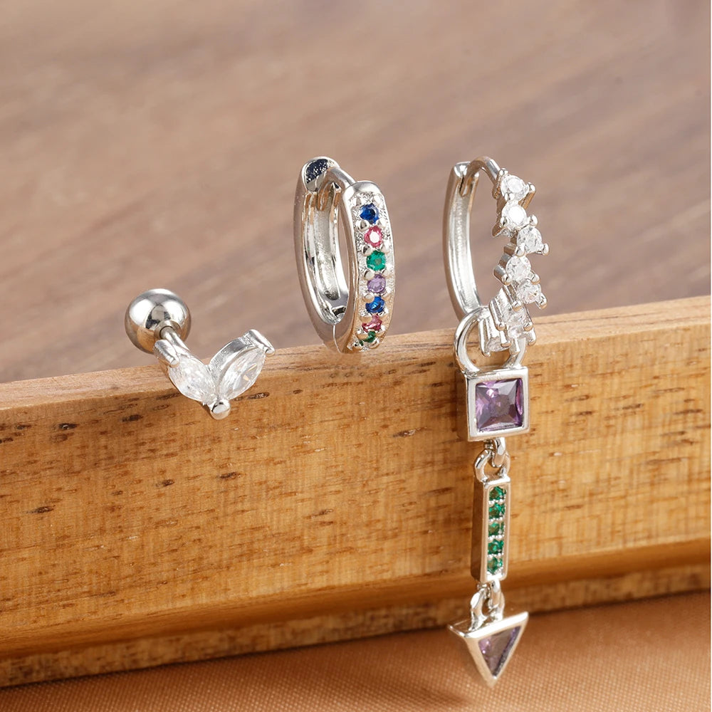 3PCS Dainty Cubic Zirconia Silver Color Punk Earrings Set For Women Stainless Steel Geometry Pendant Cartilage Piercing Jewelry