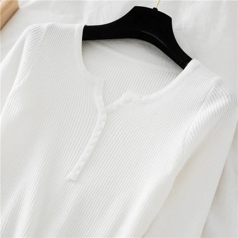 2026 Autumn Winter Button V Neck Sweater Women Basic Slim Pullover Women Sweaters And Pullovers Knit Jumper Soft Warm Tops